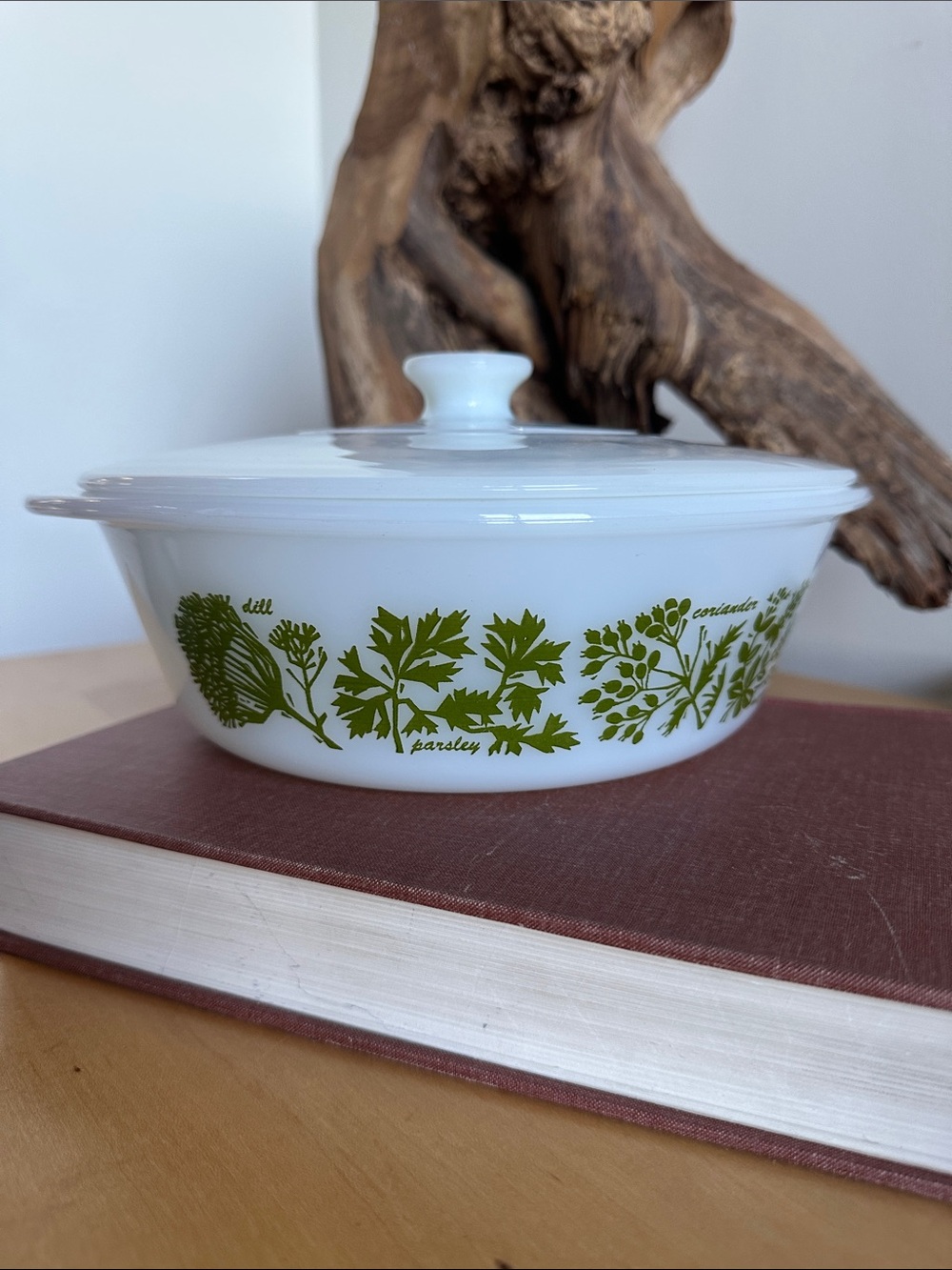 MCM Vintage Glasbake Herb Garden Milk Glass Casserole Dish with Lid J514 2 quart